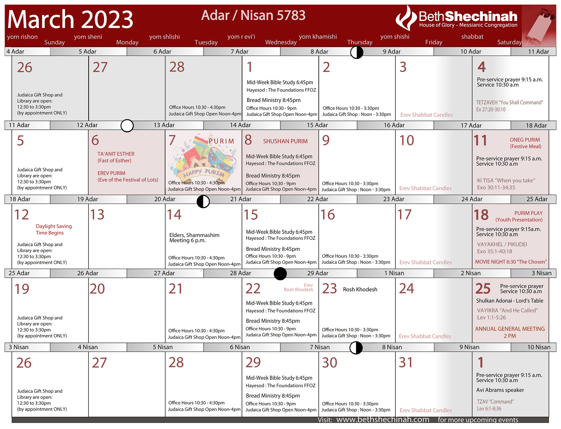 Calendar of Events – Beth Shechinah – House of Glory